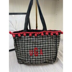 Handmade UGA plaid Tote Bag With Red Pom Poms Georgia Bulldogs Game Day Wear